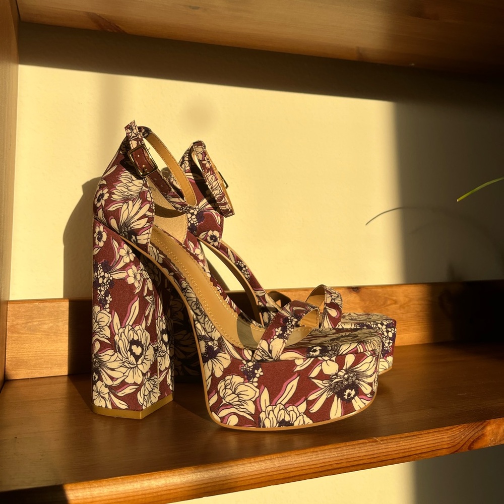 Express Burgundy Floral Platform Heels